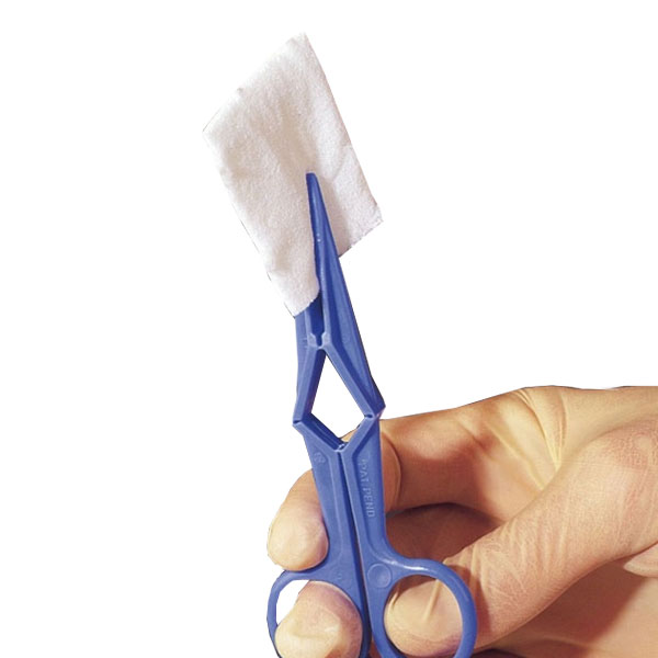 Einweg-Schlauchklemme bzw. Tupferhalter aus blauem Kunstoff.