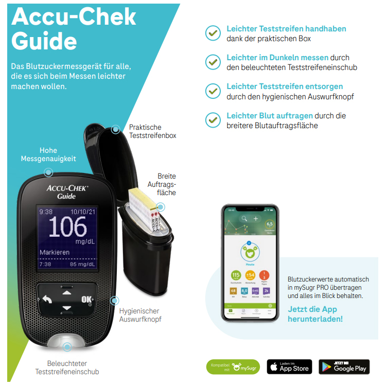 Accu-Chek® Guide Blutzucker-Messgerät - SET mg/dl Informationen
